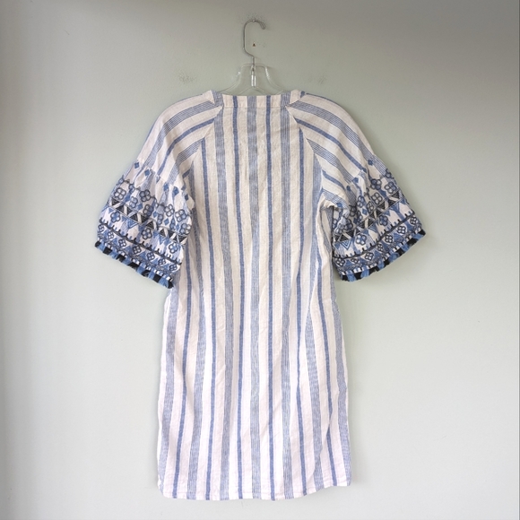 Neiman Marcus Blue & White Striped Boho Fringe Embroidered Sleeve Dress - Picture 6 of 7
